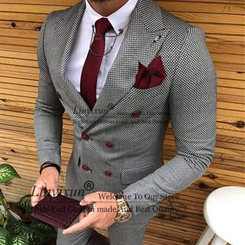 Mens Suit Grey Formal 2 Pieces Slim Fit Double breasted Plaid Soft Wool Tweed Prom Tuxedos Wedding Groomsmen (Blazer+Pants)