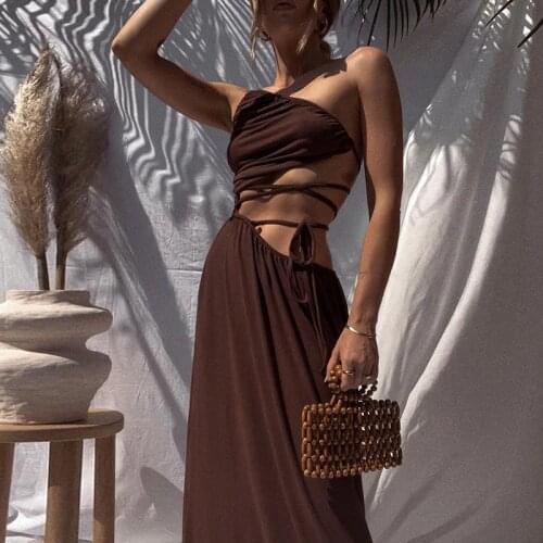 Summer Fashion One-shoulder Sexy Hollow Backless Cross Lace-up Womens Dress Solid Color Split Party Beach Long Skirt 2021 -40