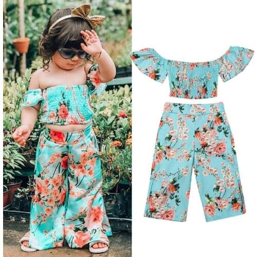 Summer Toddler Baby Girl Floral Clothes Sets Off Shoulder Crop Tops Long Split Pants Adorable Outfit Set 2-6Years