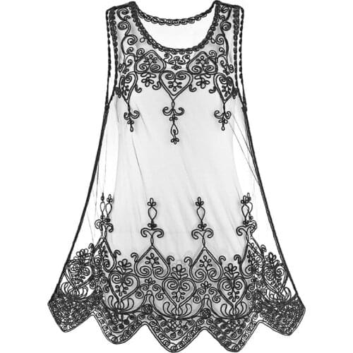 Summer Women Perspective Casual Wild Flowers Blouse Tank Embroidered Lace Hollow Mesh Gauze Vest Tops Black/White 4 Size