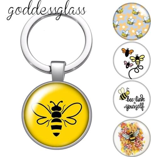 Cute Lovely BEE animals BEE HAPPY yellow style Round glass cabochon keychain Bag Car key chain Ring Holder Charms keychains