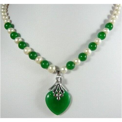 Trendy mixed white pearl green Natural jade necklace +heart pendant