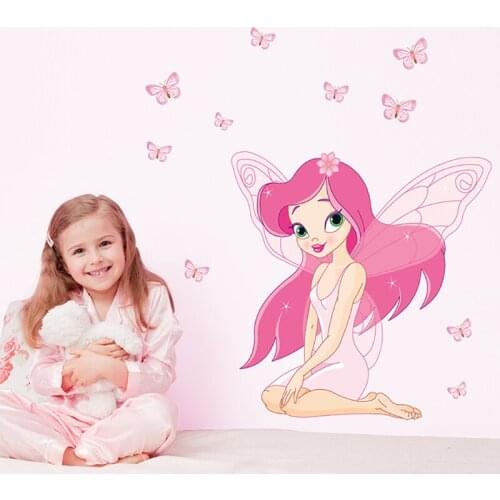 Cartoon Angel Girl Wall Stickers Pink Wing Butterfly Baby Princess Bedroom Decoration Vinyl PVC Removable Wallpaper