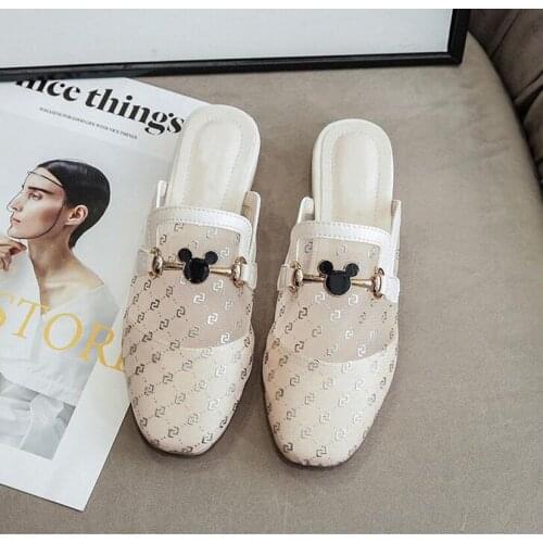 Summer Slippers Women Lace Low-heeled Shoes Ladies Covered Toe Slides Mules Shoes Females Metal Decoration Footwears Females 43