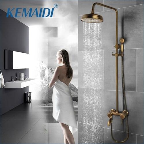 KEMAIDI Antique Brass Rainfall Bathroom Shower Set Shower Hand And Round Shower Hand Mixer Taps Double Handles Bathroom Combo