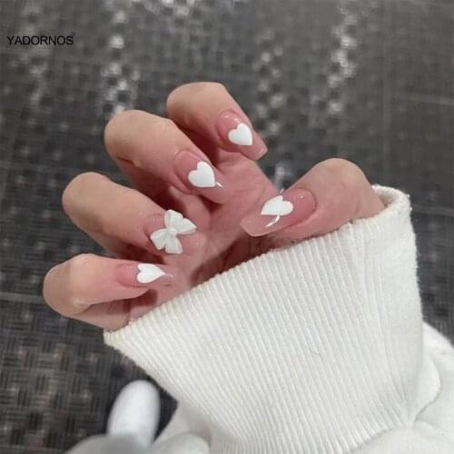 24pcs Love Heart Printed Nail Patch Glue Type Removable Long Paragraph Fashion Manicure Save Time False Nail Patch TY