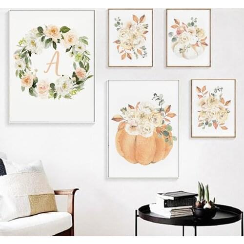 Pumpkin Flower Leaves Kitchen Watercolor Wall Art Canvas Painting Nordic Posters And Prints Wall Pictures For Living Room Decor