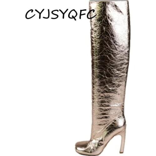 CYJSYQFC New Metallic Sheen Mirror Leather Knee High Boots For Women Neon Orange Stiletto Shoes Runway Banquet Ladies Long Boots