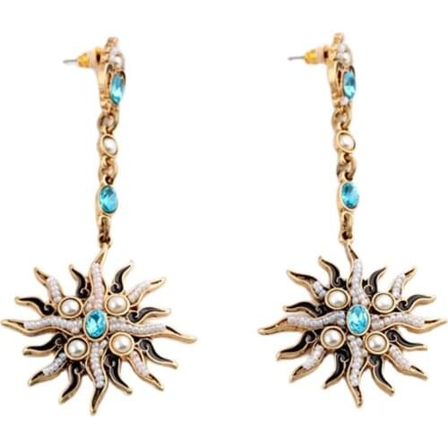 New Fashion Sun Flower Rhinestone Imitation Pearls Long Dangle Pretty Earrings for women Brincos Accessorie