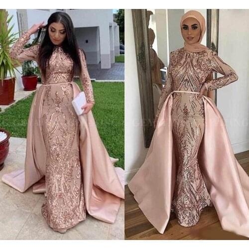 Saudi Arabia Long sleeves Mermaid Prom Clothes with removable train 2020 Paillets Special occasions Wearing Kftan Dubai Evening