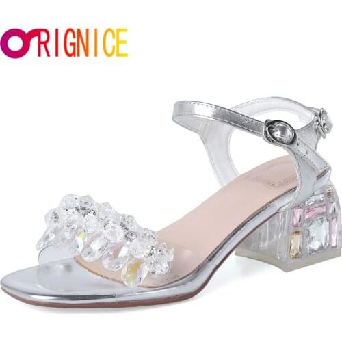 Orignice 2021 New Elegant PVC Transparent Jelly Sandals Women Peep Toe Square High Heels Crystal Wedding Bridal Prom Shoes
