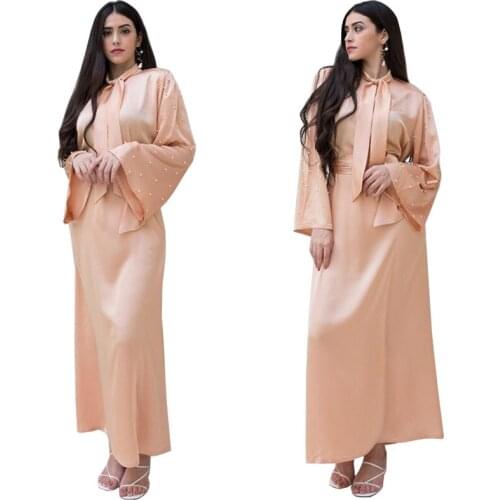 Autumn Winter Elegant Muslim Islamic Satin Party Diamond Dress Ramadan Clothing Ladies Fashion Loose Long Dresses 2021