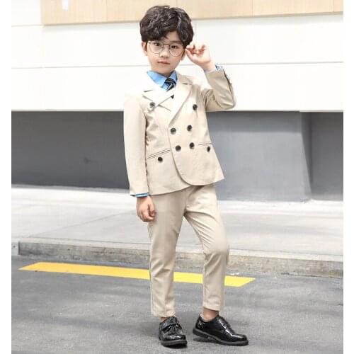 Latest Double Breasted Beige Boys Suits 2 Piece Set Children Prom Wedding Suit Blazer Kids Black Dinner Tuxedo Jacket With Pants