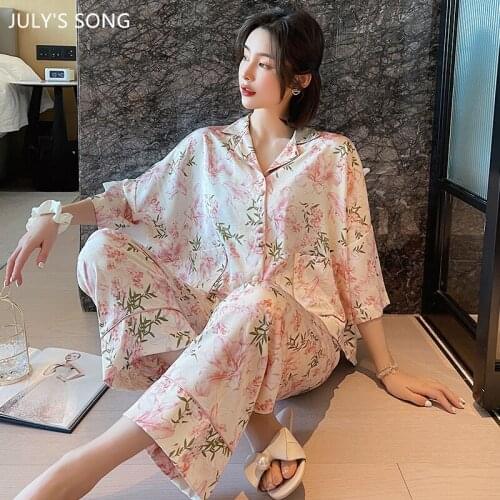 JULYS SONG 2 Pieces Faux Silk Pajamas Set Women Three-Quarter Sleeve Trousers Spring Female Sleepwear Daffodils Print Pyjamas