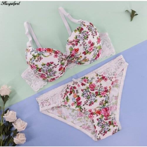 Plusgalpret Sexy Lingerie Large Size 90C-105C 3/4 Cup Bra 2Xl-5Xl Low Waist Panties Set Underwear for Ladies Floral Lace Bra Set