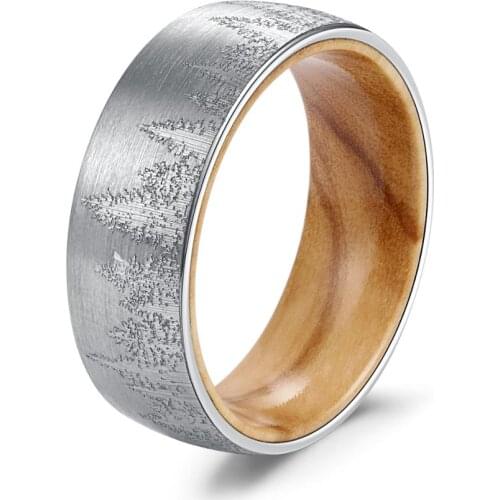 POYA TUNGSTEN Forest Mountain Ring with Oliver Wood Liner Mens 8 mm Wedding Band Comfort Fit