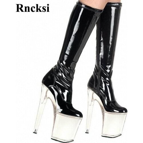 Rncksi New Girls Party Queen Zipper Chick Heels Transprant Platform Womens Boots Dance Shoes 20cm Heels High Knee High Boot
