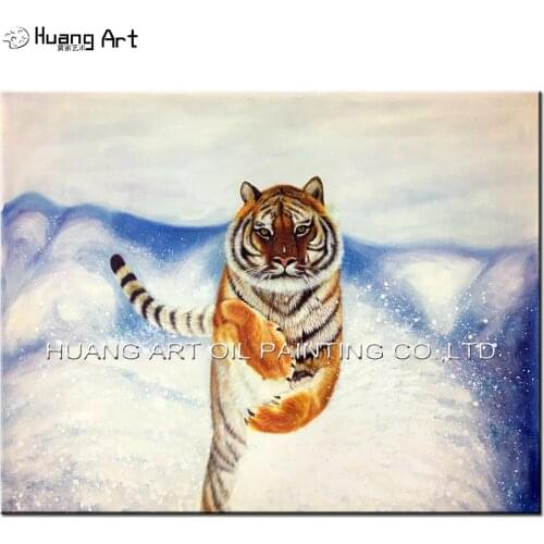 Hand Painted Tiger Running in the Snow Painting for Room Wall Decor Realistic High Quality Animal Oil Painting on Canvas Art