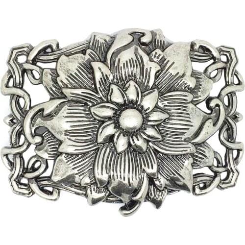 Silver Lotus Vintage Rose Flower Floral Pattern Mens Leather Belt Buckle Lot Metal Cowgirl