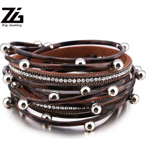 ZG Multilayer Leather Bracelets for Women Femme Crystal Metal Beads Charm Leopard Leather Rope Bohemian Style Bracelet Jewelry