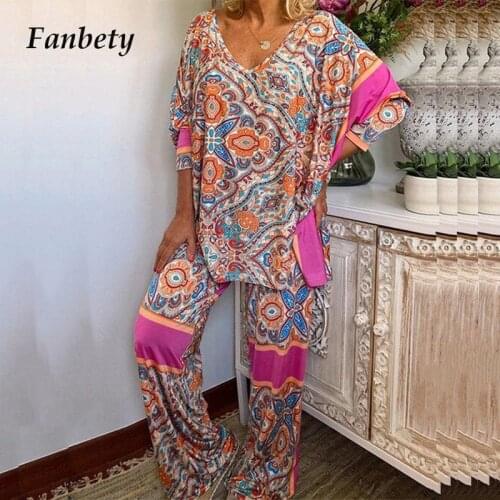 Summer Long Sleeve Pullover Set Outfits Ladies Casual Loose Tops And Long Pants Suits Women Vintage Print Two Piece Set Homewear