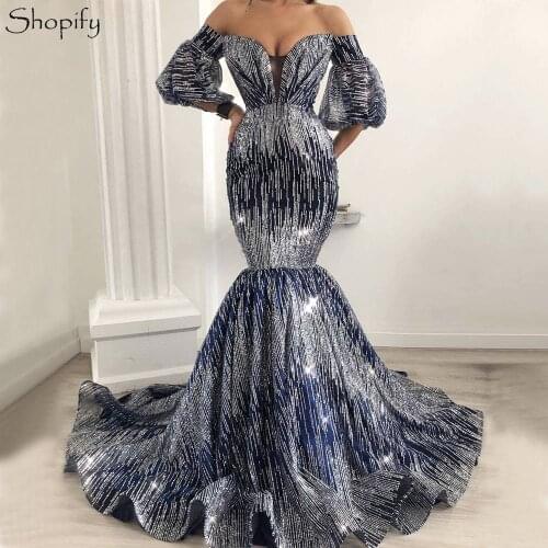 Long Glitter Evening Dress 2020 Sexy Mermaid Short Sleeve Sparkly abendkleider Navy Blue Women Formal Gowns robe de soiree