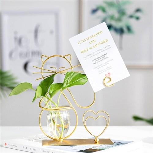 Golden Hydroponic Vase Creative Cute Cat Hydroponic Plant Transparent Glass Vase +iron Metal Desktop Living Room Decoration