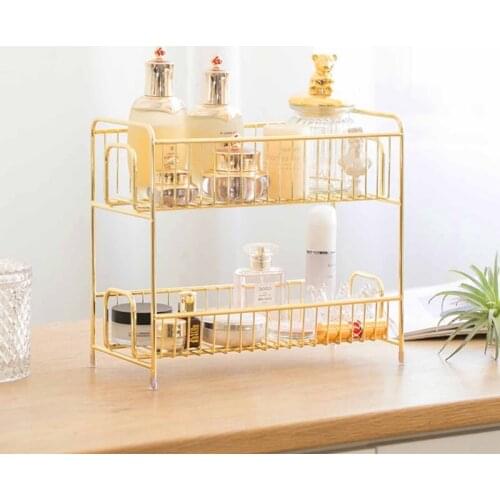 2 Layer Storage Rack Nordic Iron Rose Gold Home Living Room Bedroom Desktop Cosmetic Storage Shelf Hollow Organizer