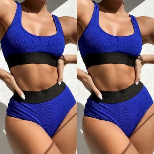 Bikini 2021 Womens Simplicity Two Piece Blue Black Patchwork Bikini Set Summer Swimsuits Brazilian Biquini Swimwear Beach Suit