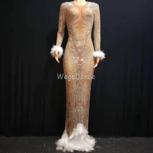 Sparkly Rhinestones Feather Nude Dress Sexy Full Stones Long Big Tail Dress Costume Prom Birthday Celebrate Dresses