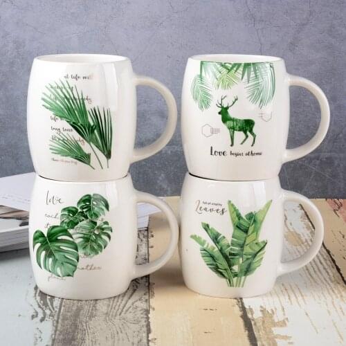Wine barrel cup Green literary plant leaves coffee cup ceramic gift cup(Random Color)