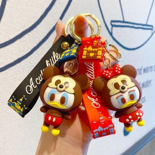 Mickey Mouse Cosplay Keychain Piglet Winnie The Pooh Donald Duck Stitch Figures Ice Cream PVC Pendant For Ladies Bag Key Ring