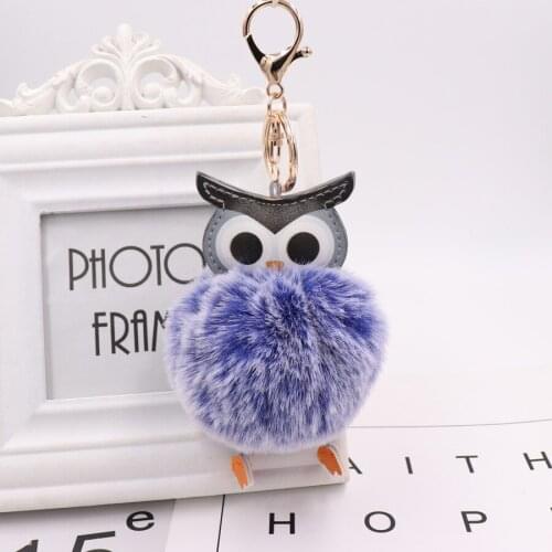 Cute Pompom Owl Keychain pom pom Key Chain Rabbit Fur Ball pompon Porte Clef Fluffy Leather Key Ring Jewelry