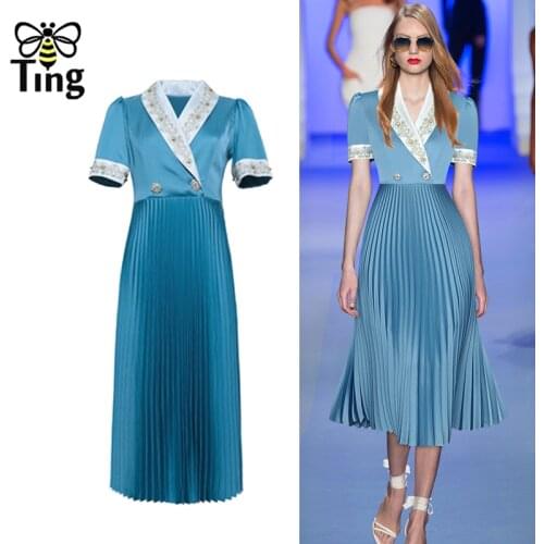 Tingfly Runway Designer Luxury Beading Embroidery Vintage Midi Long Pleated Dresses Notched Collar Summer Fashion Elbise Robes