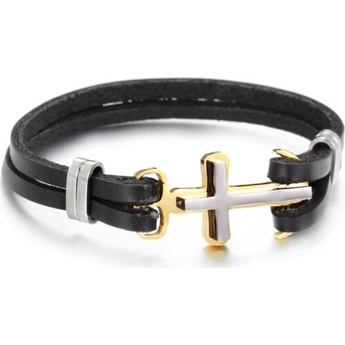 Double Genuine leather jewelry Stainless Steel Gold Cross Hook Clasp Bracelet Bangle for women Men 8.26