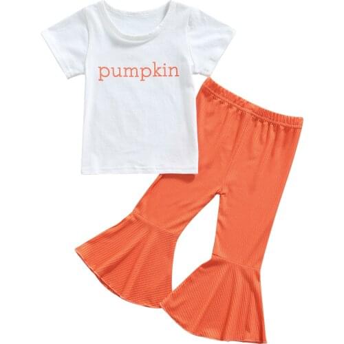 2021 0-5Y Kids Girls Halloween Clothes Set Pumpkin Letters Printed Pattern T-shirt and Orange Solid Color Flared Pants 2pcs