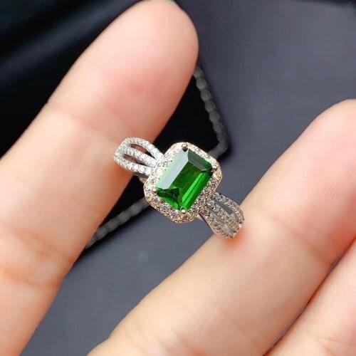Classic Sliver Gemstone Ring for Office Lady 5mm*7mm Natural Diopside Ring 925 Silver Diopside Jewelry