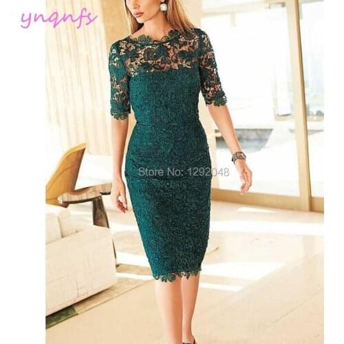 YNQNFS M191 Knee Length Sheath Lace Dress for Wedding Party Guest Wear Emerald Green Mother of the Bride Dresses 2019