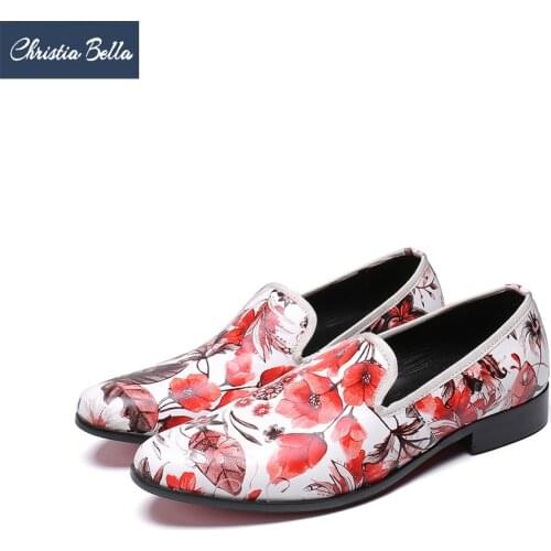 Christia Bella British Style Flowers Printing Genuine Leather Men Loafers White Wedding Party Male Dress Shoes Slip On Plus Size