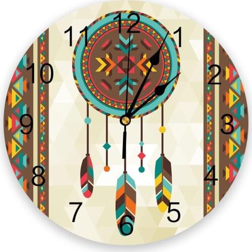Indian Feather Ethnic Illustration Wall Clocks Home Decoration Silent Round Wall Watches for Home Living Room Kitchen Wall Decor