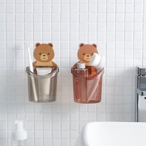 Bear Wall Mounted Toothbrush Holder Cup Punch Free Storage Rack Bathroom MultifunctionToothpaste Toothpaste Shelving Gargle Cup
