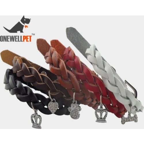 Onewellpet Brand Hand Woven Leather Collar With Metal Accessories And Five Colors For Chihuahua And Other Small Pet Dogs