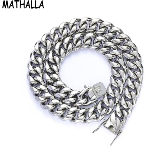 MATHALLA Stainless Steel Box Clasp Cuban Chain Necklace Fashionable Mens Hip Hop Jewelry Gold Silver Multi-Size Mens Gift