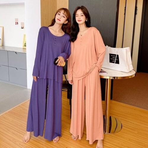 Comfortable modal cotton pyjamas women long sleeve pajamas set autumn winter home clothes casual long pant sleep pyjama femme
