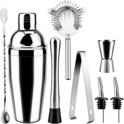 8Pcs/Set Stainless Steel Cocktail Shaker with Bar Spoon Clamp Wine Stopper Pourer Cups Cocktail Making Tools for Beginners