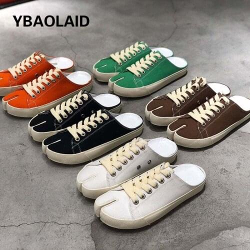 Vogue Lady Slides Split Toe Semi-slipper Woman Shoes Canvas Lace Up Slip on Pedal Lady Comfortable Shoe Summer Orange Green