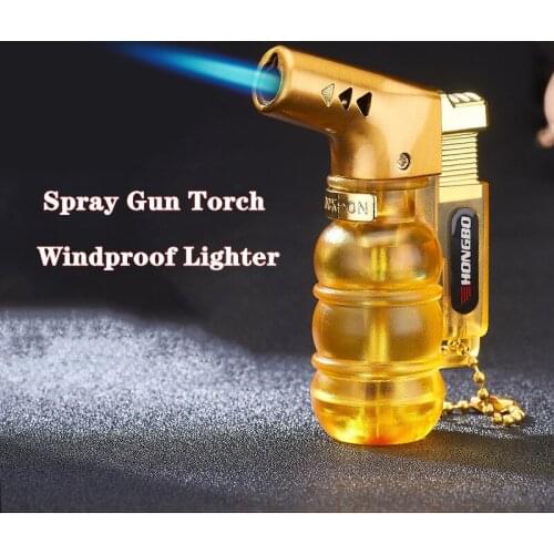 Spray Gun Torch Windproof Portable Lighter Transparent visible Gas Blue Flame Lighter Butane Gas Cigar Tube Kitchen Lighter