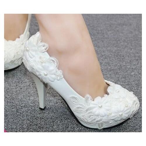 Wedding shoes woman white lace flowers womens dress shoes heels plus sizes bridal bridesmaids party white wedding shoes