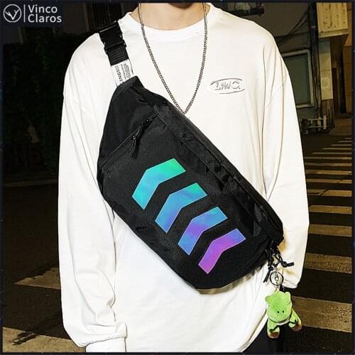 Trend Reflective Mens Chest Bag Hip Hop Travel Waist Bag Phone Pocket Large Capacity Men Fanny Pack Mens Canvas Cross Body Bag