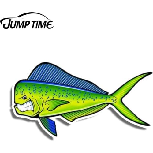 Jump Time 13cm x 7cm Angry Mahi Fish Fishing Vinyl Funny Sticker Saltwater Decal Car Cup Boat Bumper Waterproof Car Accessories
